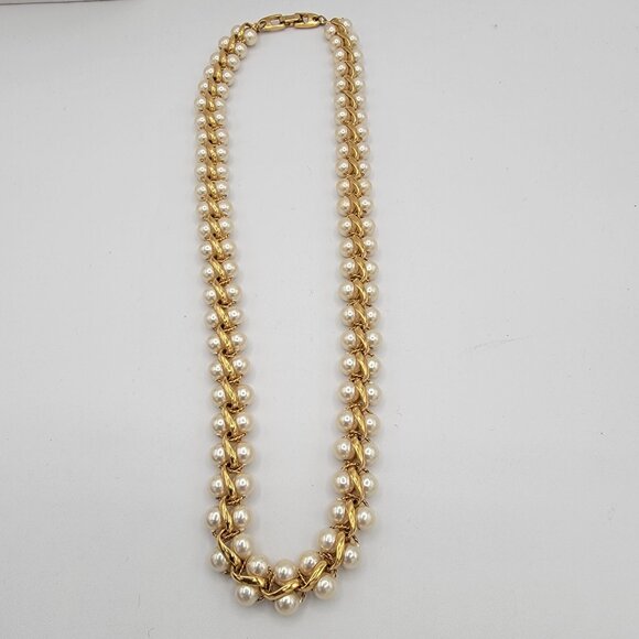Vintage Napier Double Strand Faux Pearl Gold-tone Link Necklace - Picture 5 of 7